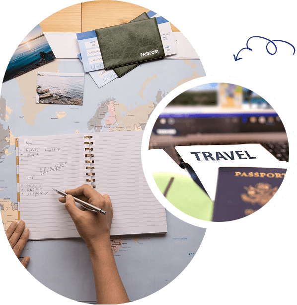 Travel planning with notebook, passport, and map.