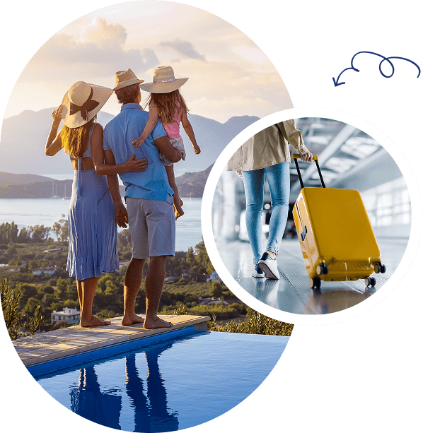 Family vacation and travel with suitcase.