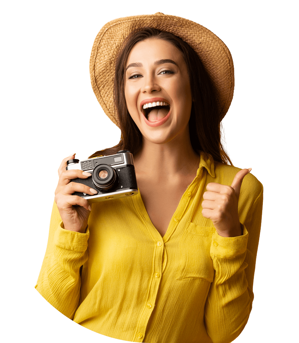 Woman smiling, holding camera, wearing straw hat.