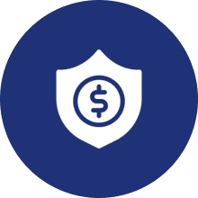 Shield with dollar sign in blue circle.