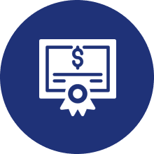 Certificate icon with dollar sign and ribbon.
